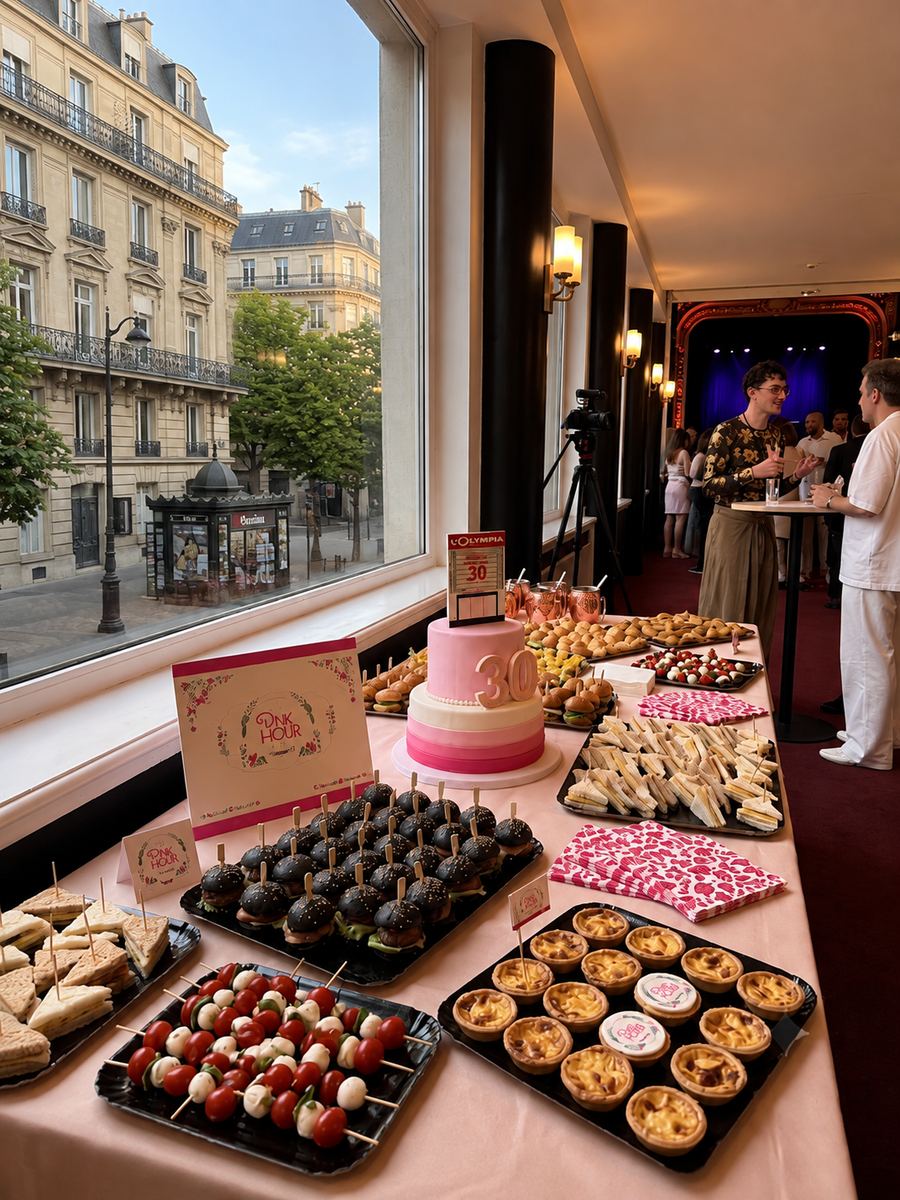 Buffet d'anniversaire dans un salon parisien : gâteau à étages, mini-burgers, brochettes et tartelettes