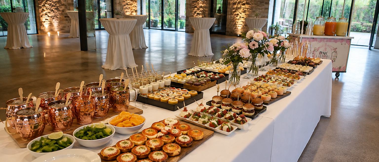 Buffet entièrement dressé dans une salle de réception vide, avant l'arrivée des convives