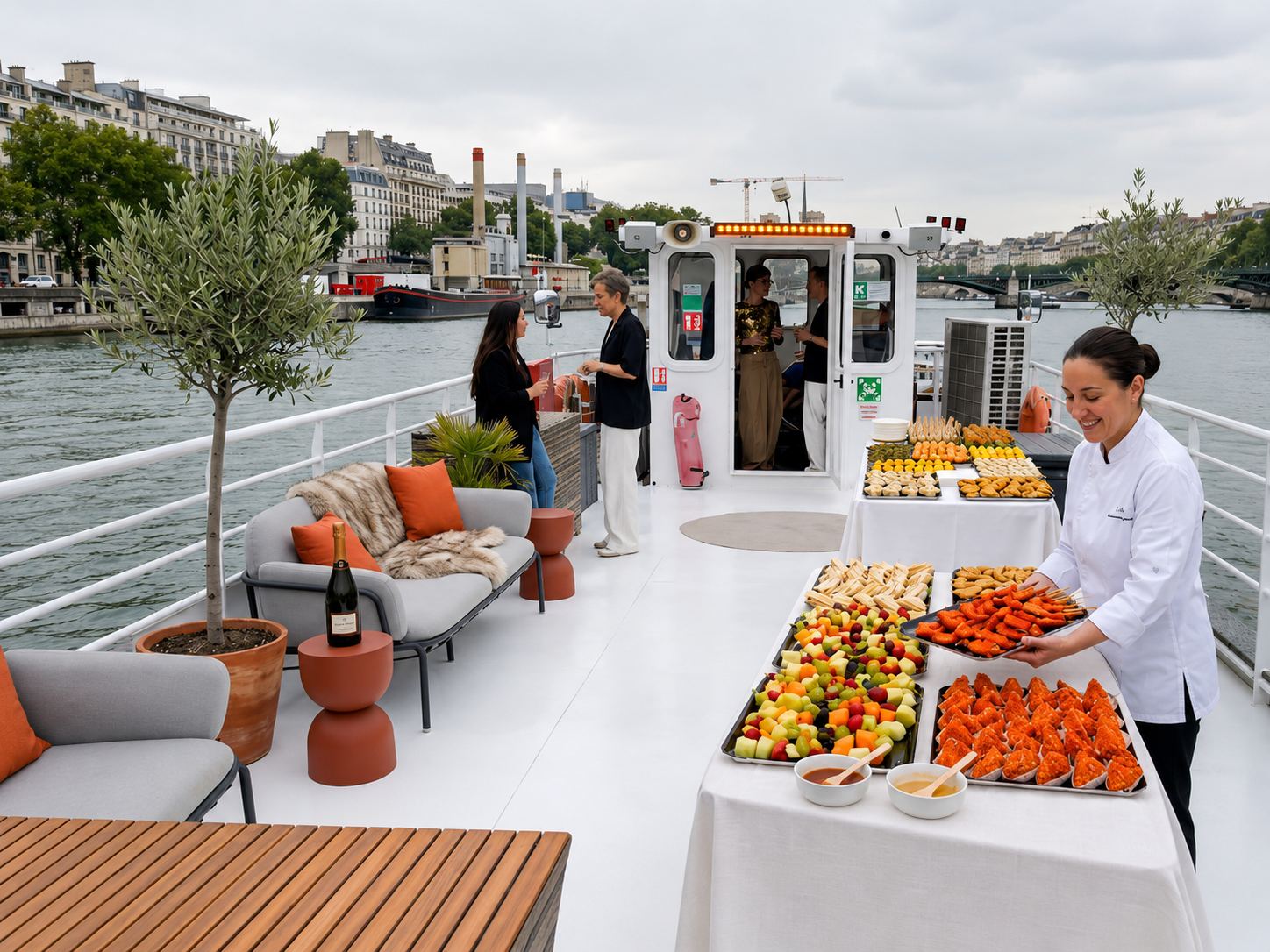 Réception sur un bateau amarré sur la Seine : buffet dressé, cheffe en veste blanche et salon extérieur face à Paris