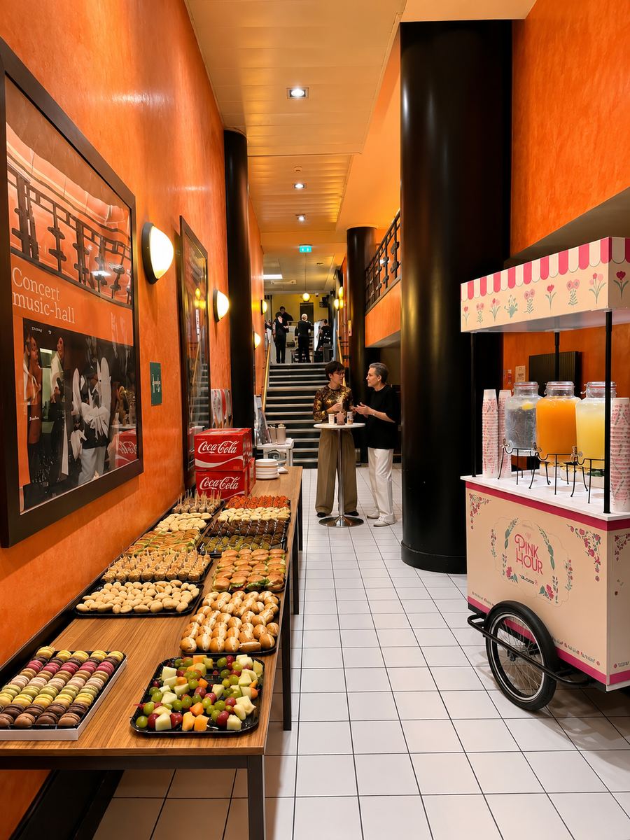 Buffet installé en coulisses d'une salle de spectacle : mignardises, brochettes de fruits et fontaines à boissons