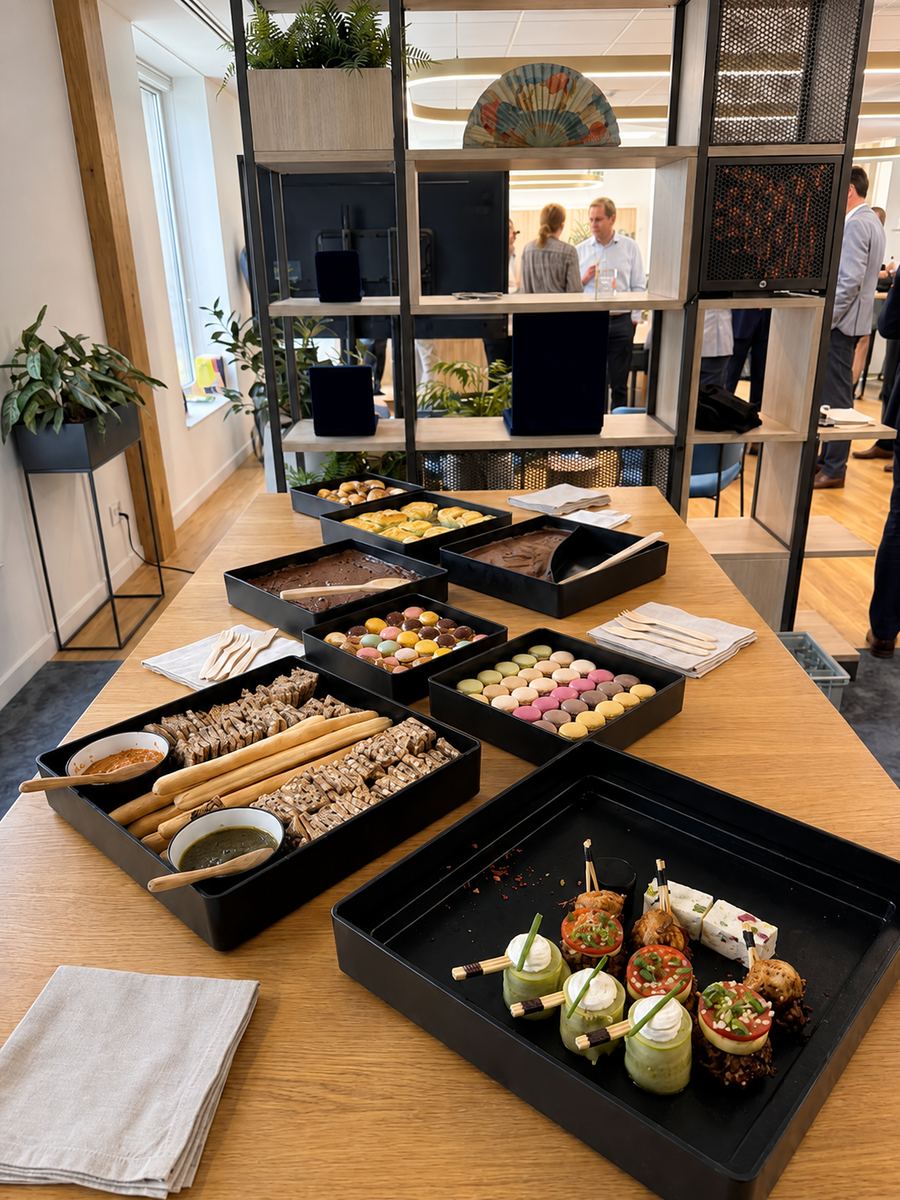 Cocktail en entreprise : plateaux de pièces salées, gressins, macarons et mignardises