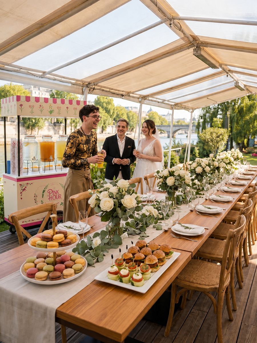 Table de mariage dressée en bord de Seine, roses blanches, macarons et pièces cocktail
