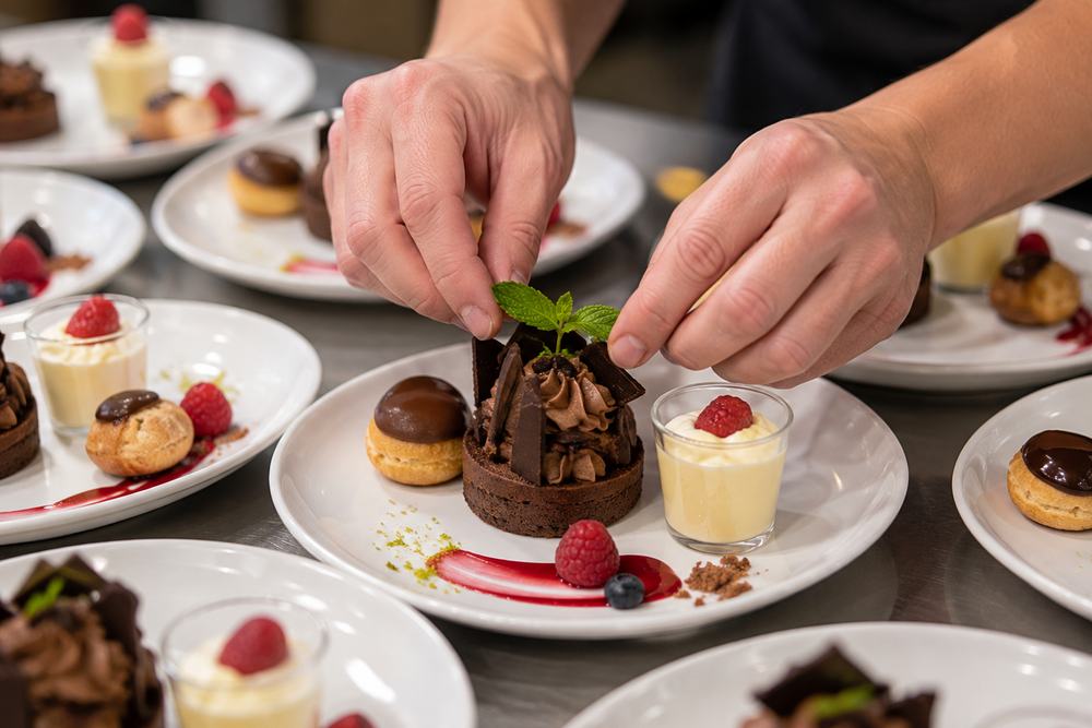 Dressage d'une assiette de desserts, pose d'une feuille de menthe