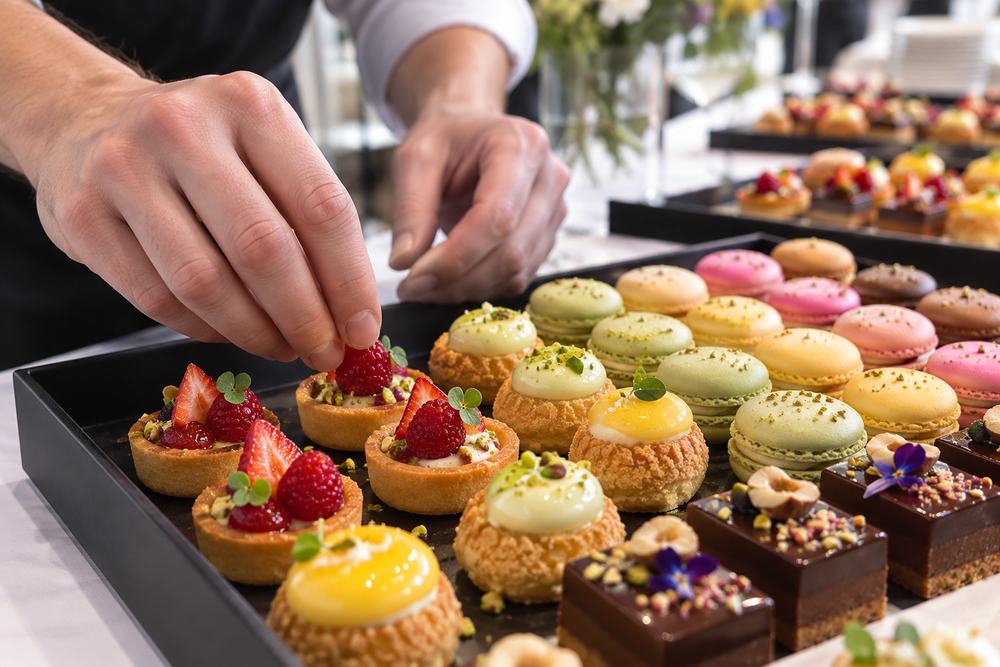 Plateau de mignardises : tartelettes aux fruits rouges, choux et macarons