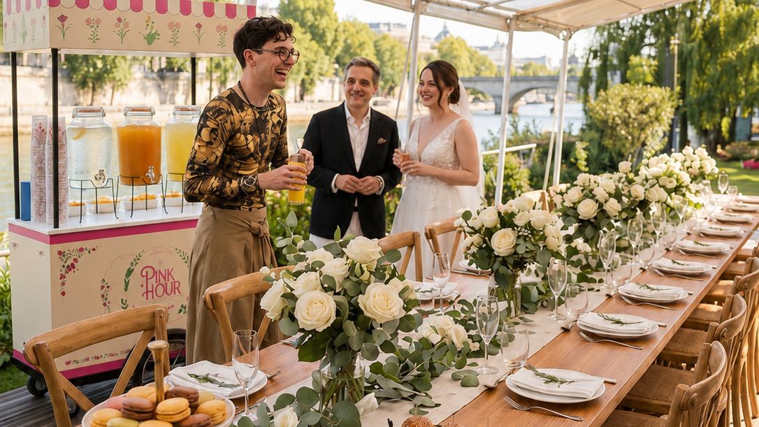 Table de mariage dressée en bord de Seine, roses blanches, macarons et mini-burgers